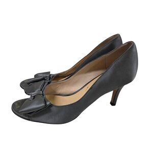 Kate Spade Charcoal Gray Satin Peep Toe‎ Bow Pumps Heels 7.5M Made in Italy
